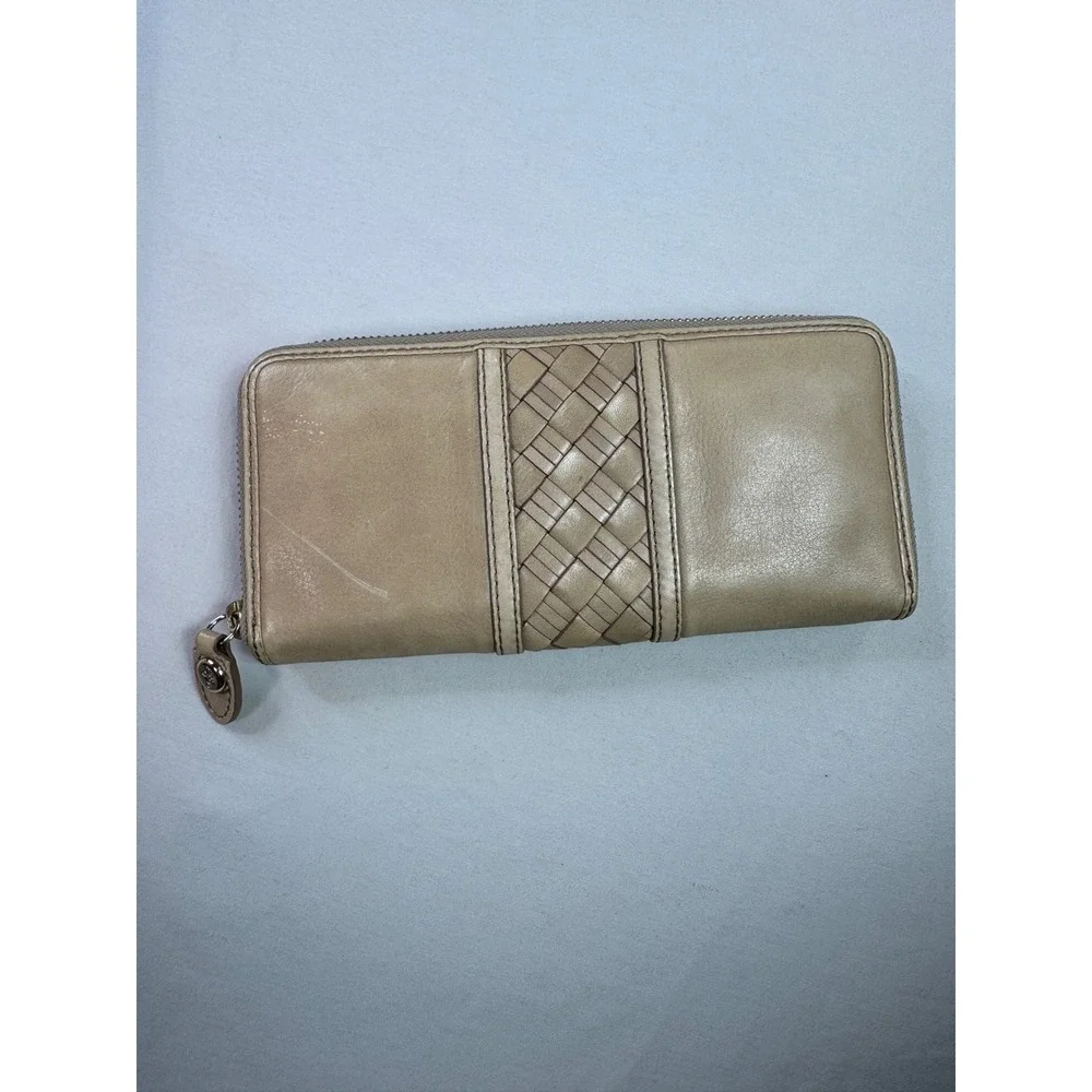 Cole Haan Tan Woven Leather Zip Around Continental Long Wallet